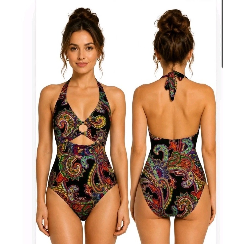 NWT Ralph Lauren halter one piece swimsuit paisley print multicolor size 8